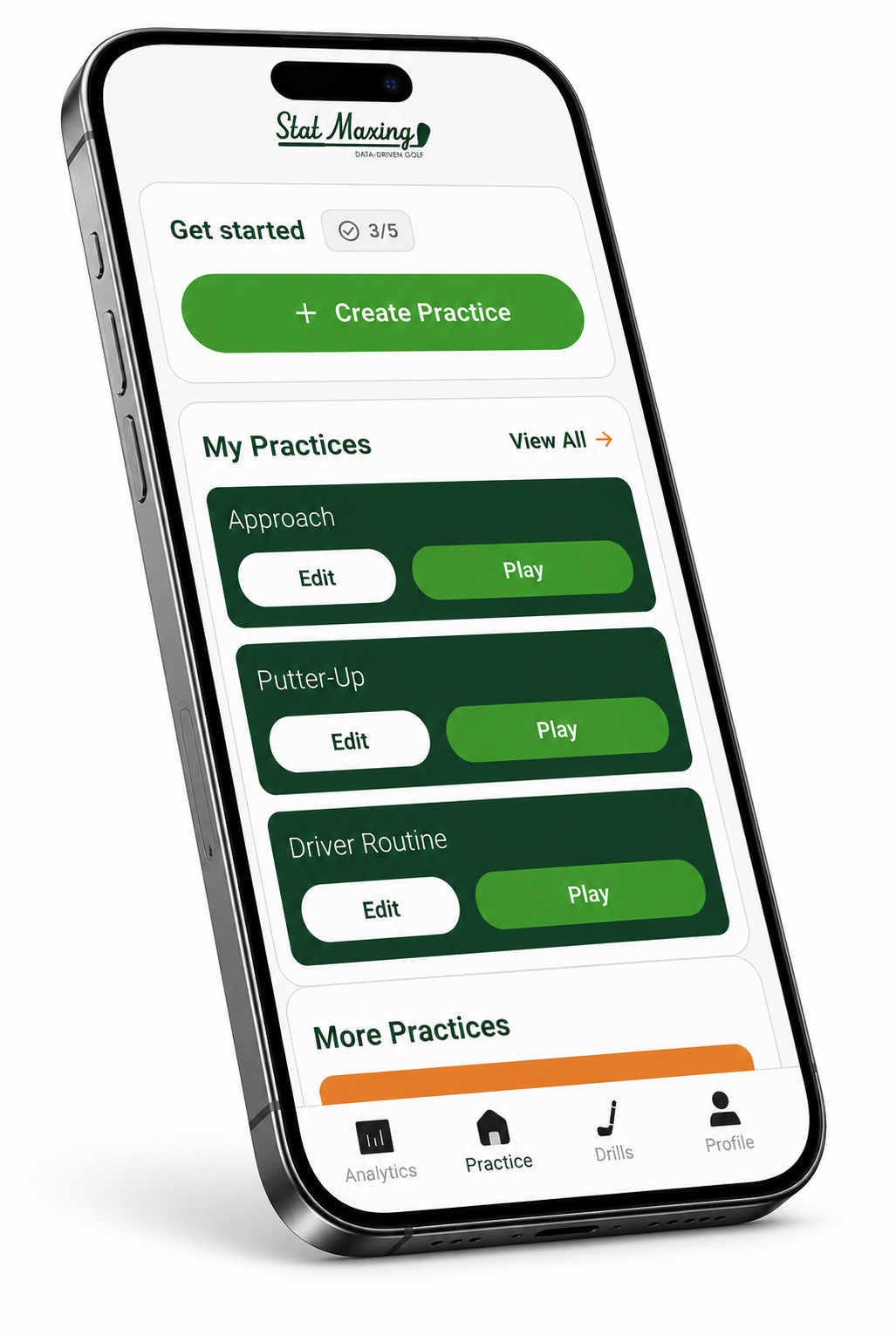 Stat Maxing app home screen showing saved practice routines